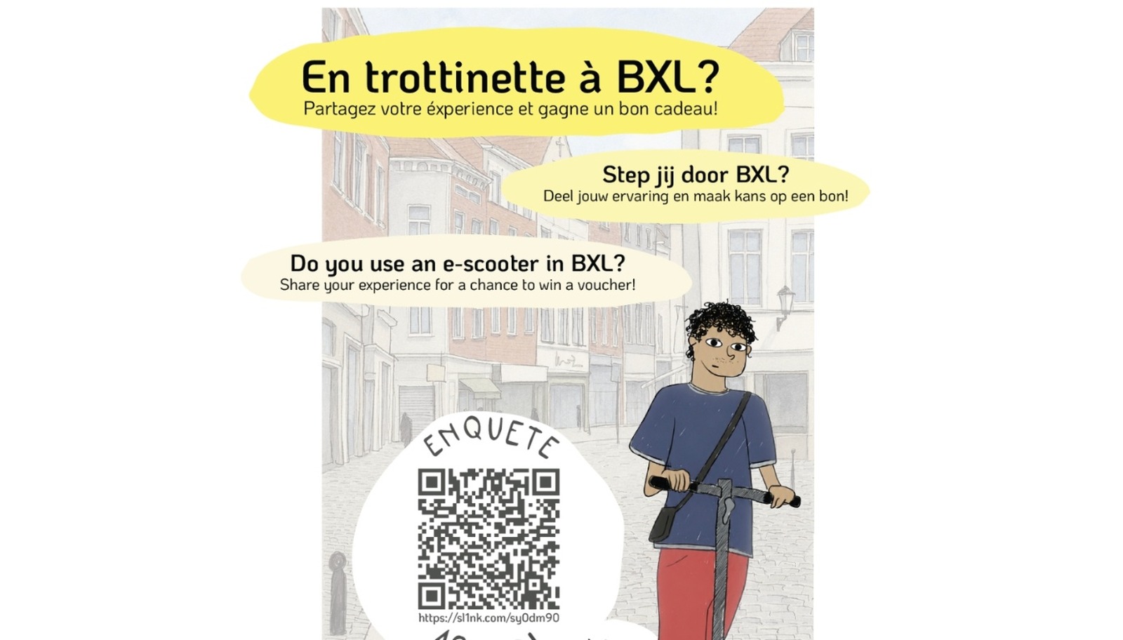 Flyer officiel de l'enquête « En trottinette à BXL ? » — VUB Cosmopolis (photo, non générée par IA). Flyer officiel de la VUB Cosmopolis pour l'enquête sur les trottinettes à Bruxelles, avec QR code