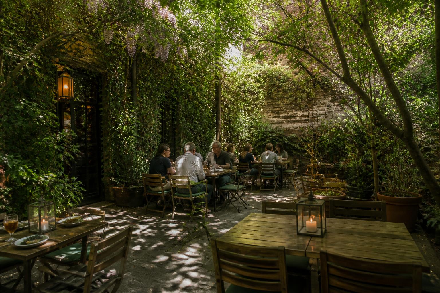 Jardin intérieur verdoyant de The Beer's Garden, place Sainte-Catherine à Bruxelles, sous une lumière dorée d'après-midi d'été.