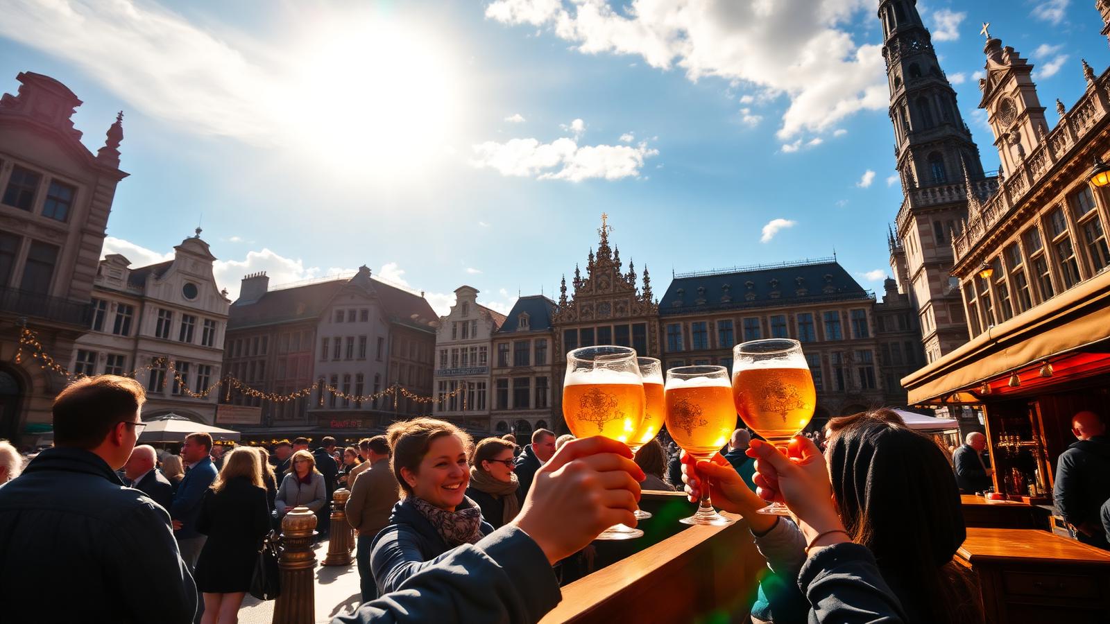 La Grand-Place, plus grand café à bières du monde pendant le Belgian Beer Weekend. Dégustation de bières belges sous le soleil sur la Grand-Place de Bruxelles pendant le Belgian Beer Weekend