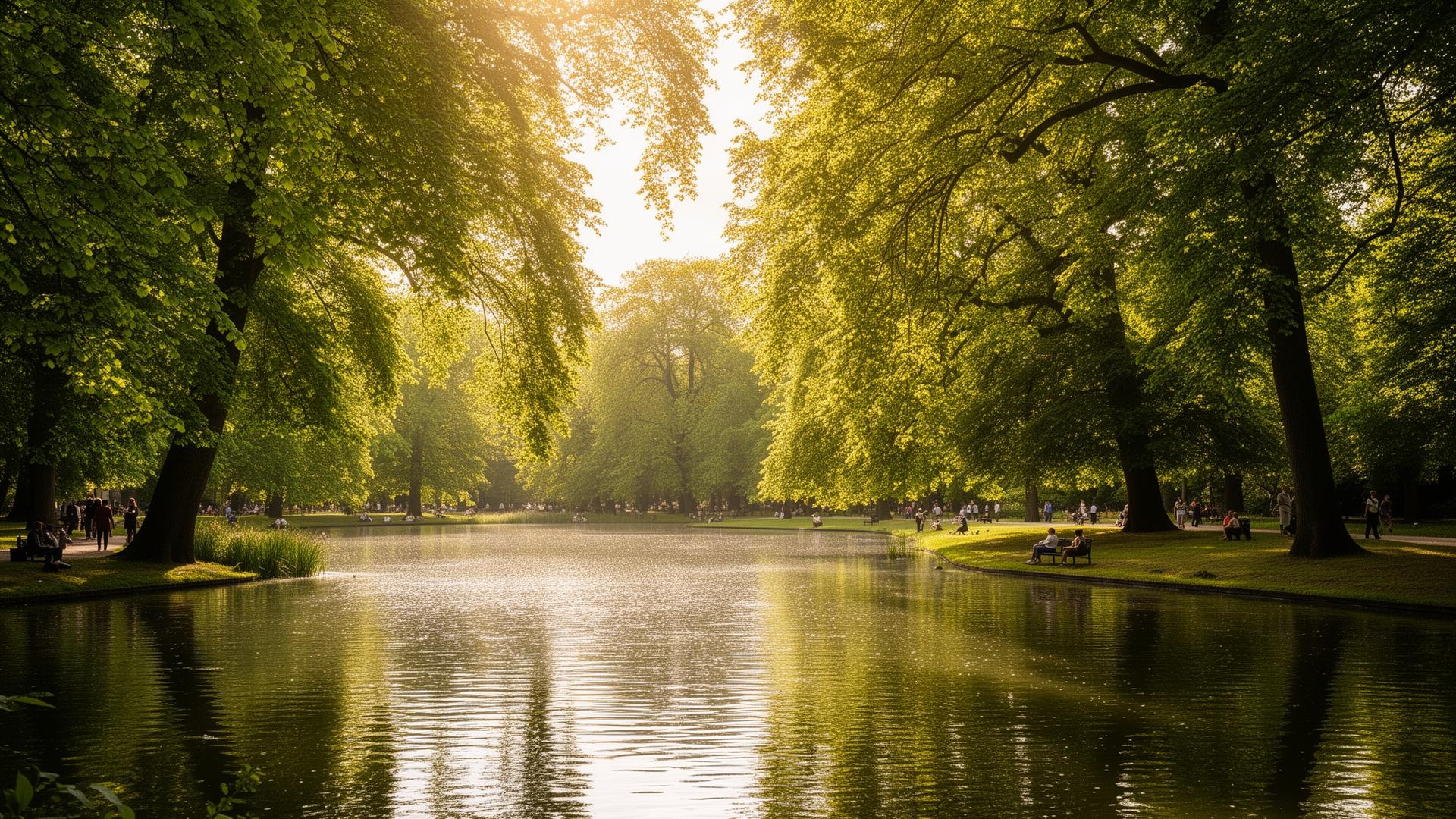 Bois de la Cambre, Bruxelles · juin 2026 — l'une des 12 oasis de fraîcheur de la capitale. Étang du Bois de la Cambre à Bruxelles sous la lumière dorée d'une fin d'après-midi d'été — îlot de fraîcheur urbain