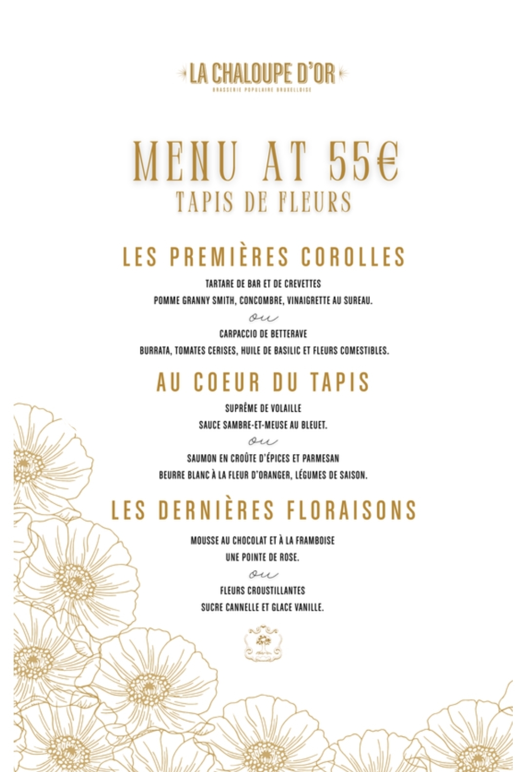 Official €55 Flower Carpet menu at La Chaloupe d’Or, Brussels Grand-Place
