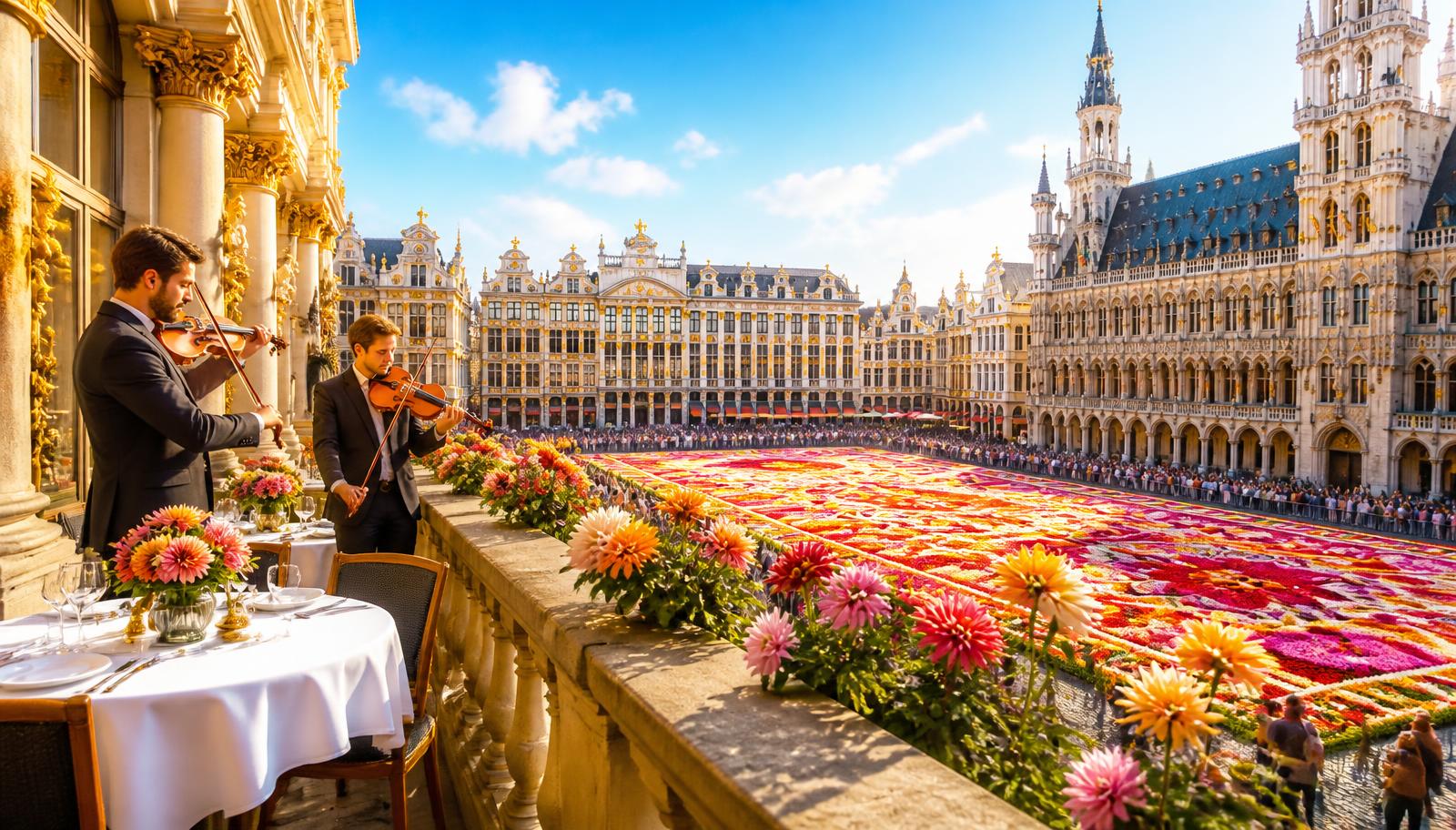 Illustration IA — le Tapis de Fleurs vu depuis un balcon de la Grand-Place. Le décor du week-end à La Chaloupe d'Or. Terrasse en balcon d'une brasserie de la Grand-Place de Bruxelles face au Tapis de Fleurs, avec deux violonistes, en plein soleil