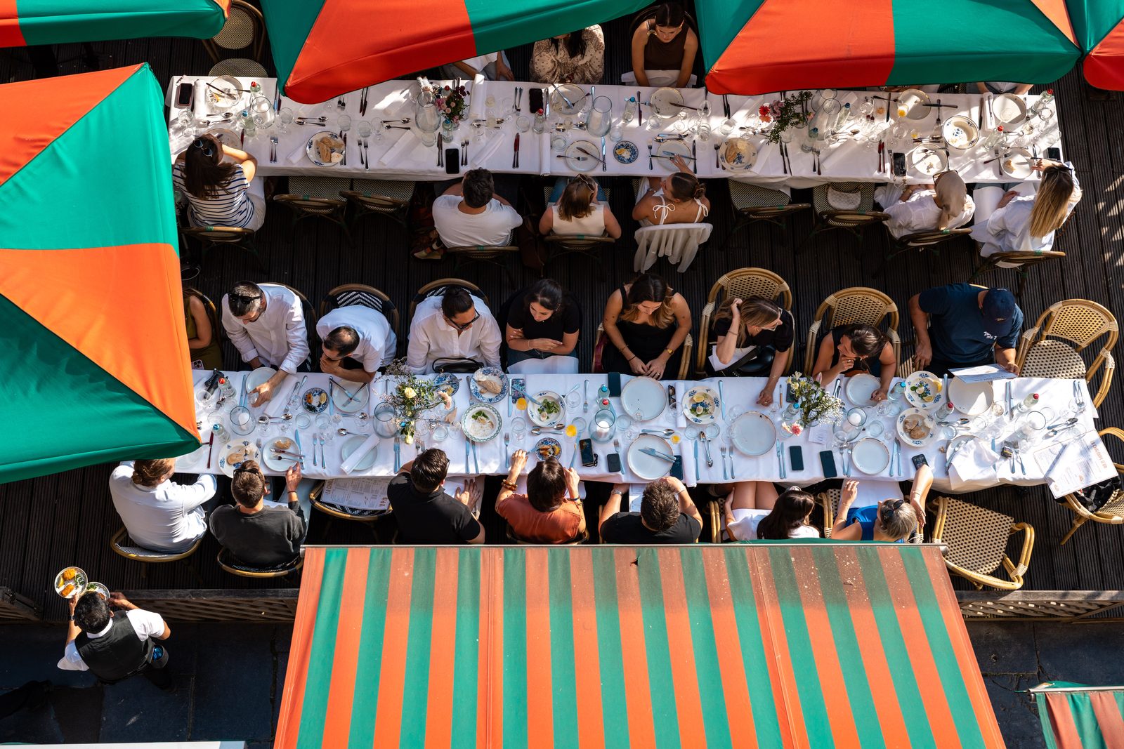 Long banquet table on the terrace of La Chaloupe d’Or facing the Flower Carpet, Brussels Grand-Place