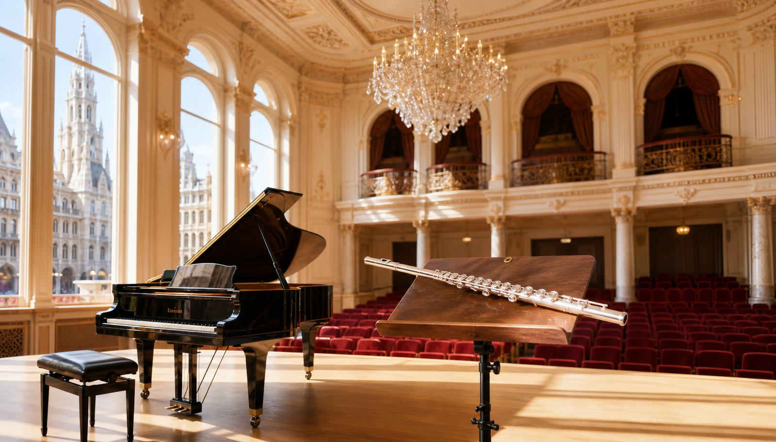 Concert de musique classique dans un théâtre bruxellois baigné de lumière dorée, public enthousiaste