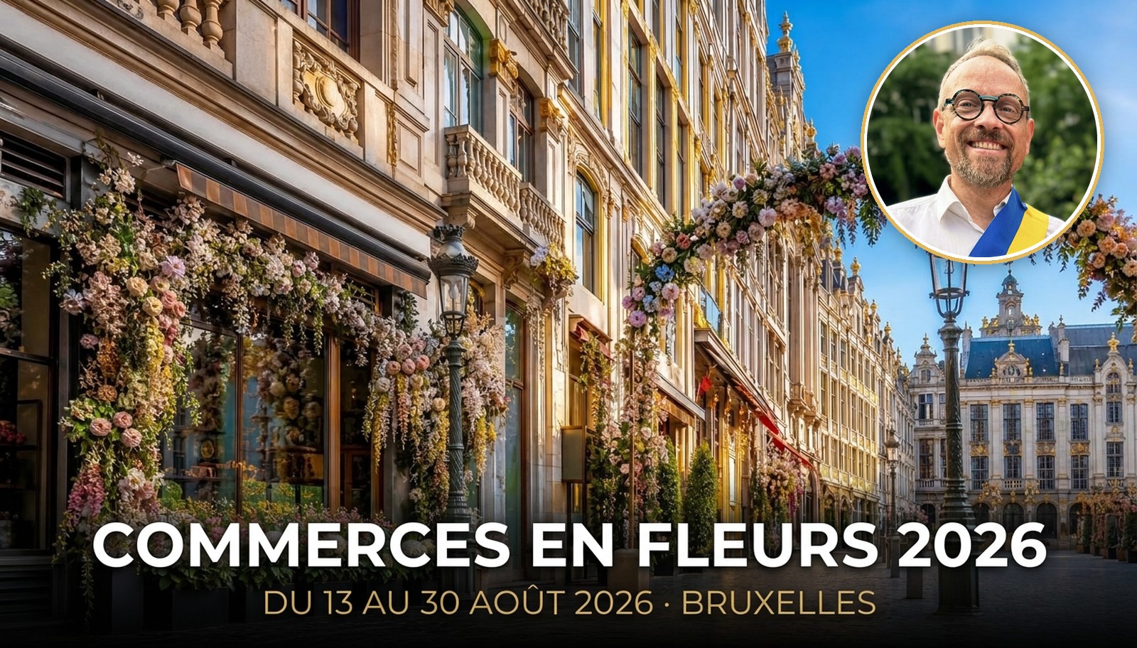 Rue commerçante du centre de Bruxelles décorée d'installations florales aux couleurs des années 70