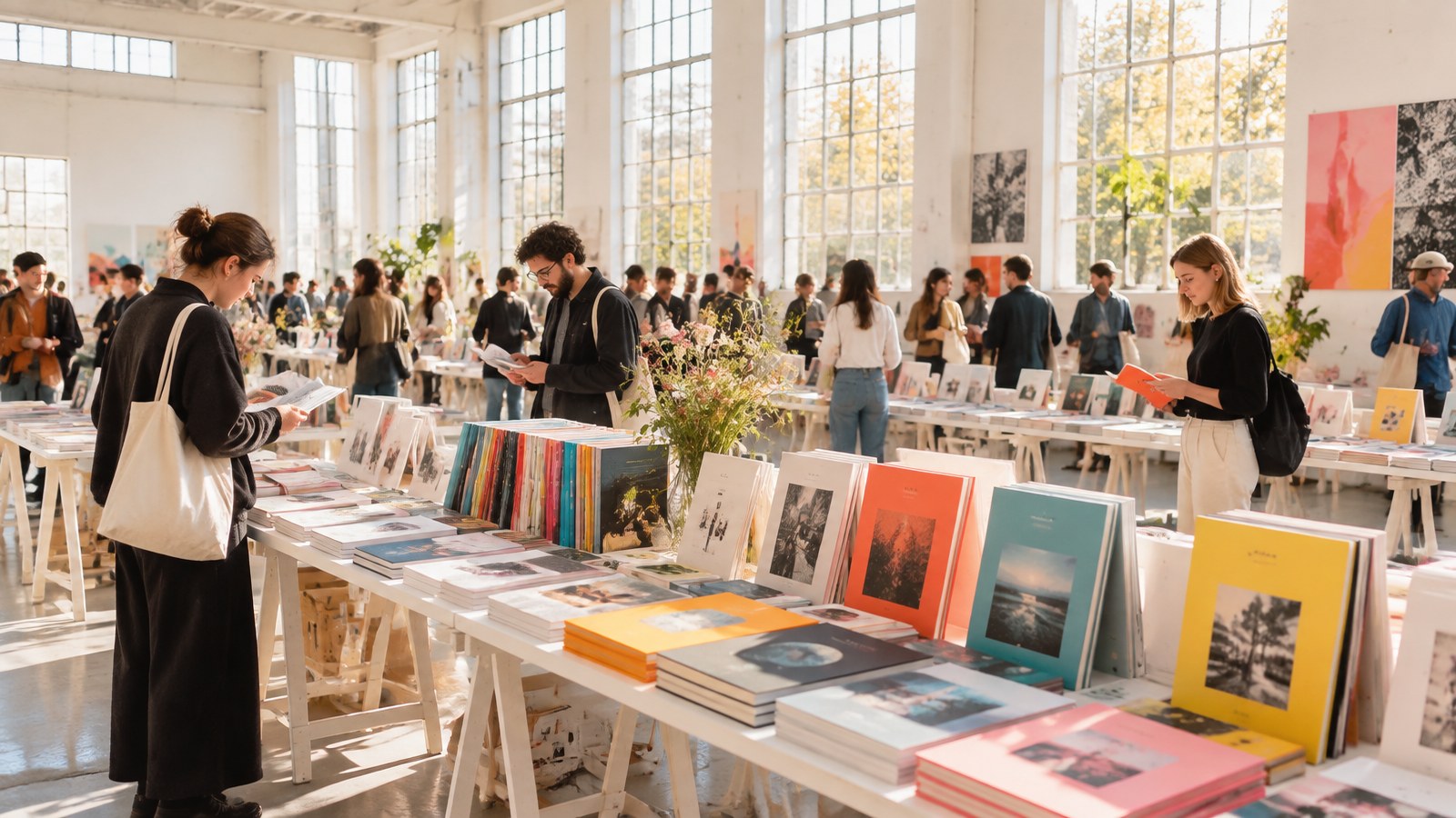 Illustration IA — ambiance de la WIELS Art Book Fair, samedi 3 et dimanche 4 octobre 2026, 11h–18h La foire du livre d’art du WIELS : visiteurs feuillettant livres d’artistes et zines dans une grande salle lumineuse baignée de soleil (illustration)