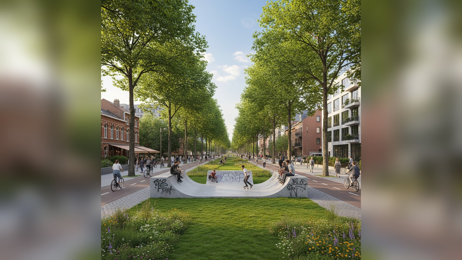 AI-illustratie bij het artikel « Nieuw leven voor de Vuurkruisenlaan: meer groen, sport en rust voor de wijk »