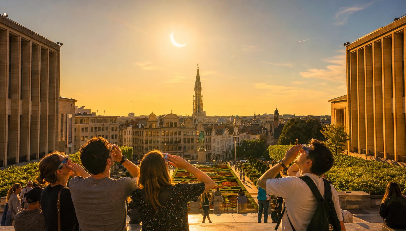 Foule au Mont des Arts à Bruxelles observant l'éclipse solaire partielle avec des lunettes de protection, croissant de soleil au-dessus de la flèche de l'Hôtel de Ville au coucher du soleil