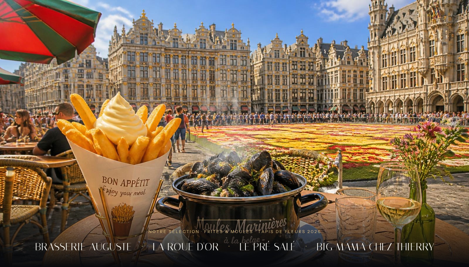 Frites et moules face au Tapis de Fleurs de la Grand-Place — les 4 adresses de la sélection BXLOVE. Cornet de frites et casserole de moules marinières en terrasse devant le Tapis de Fleurs de la Grand-Place de Bruxelles