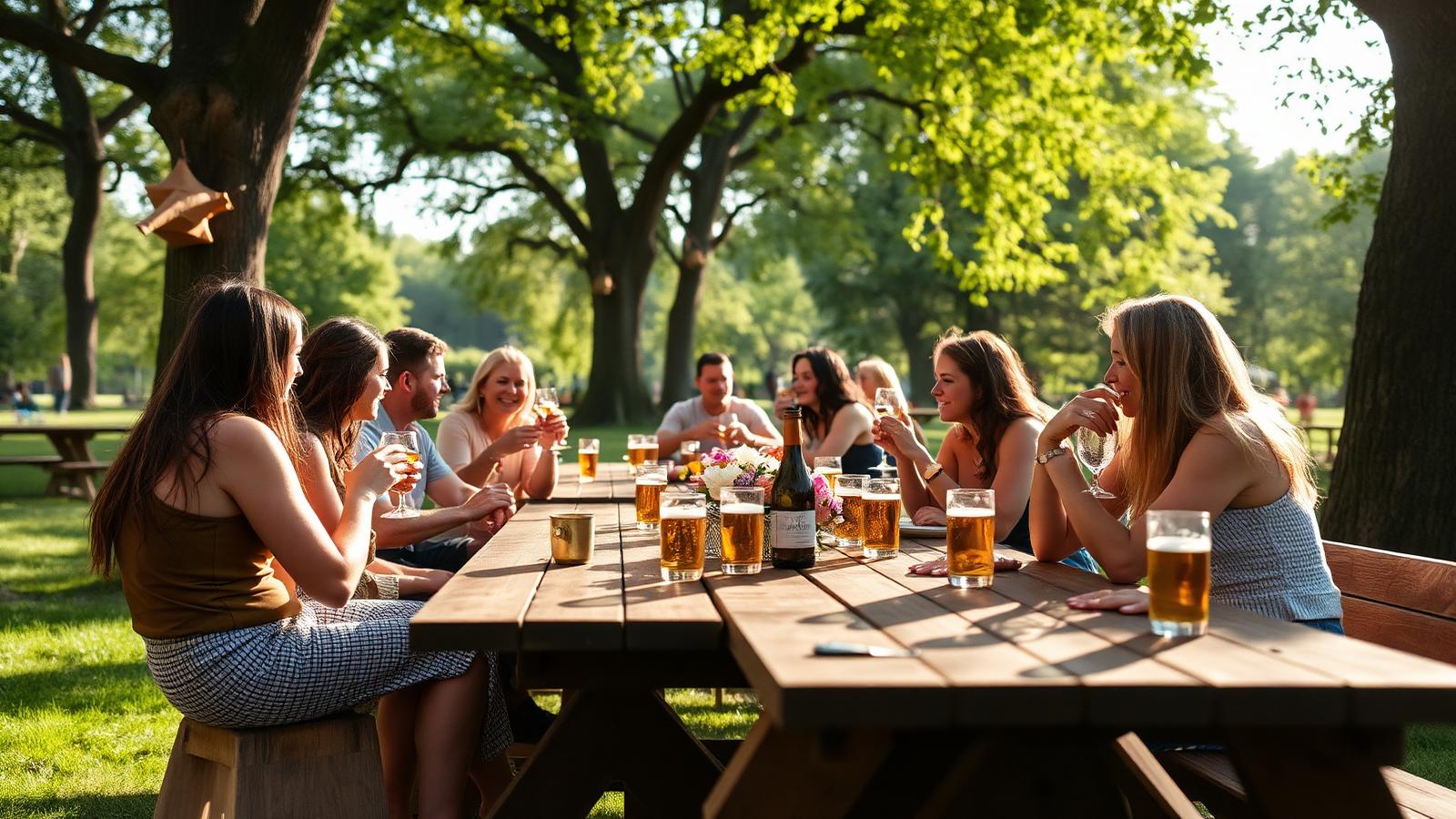 Tablée conviviale dans une guinguette d'un parc bruxellois, lumière dorée de fin d'après-midi