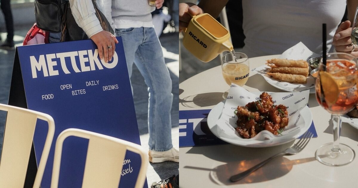 Montage Metteko : façade-enseigne sur le piétonnier Anspach et table de karaage / tempura / spritz