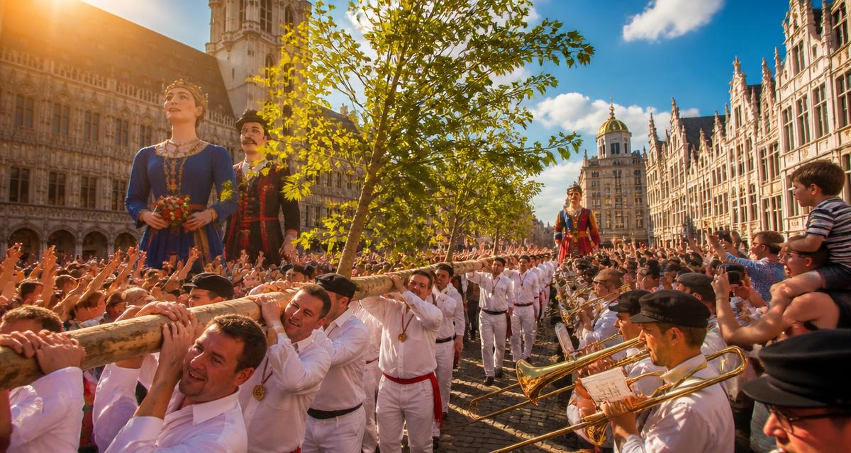 La 718e plantation du Meyboom, dimanche 9 août 2026 à Bruxelles — illustration. Cortège du Meyboom portant un jeune hêtre sur la Grand-Place de Bruxelles, géants et fanfare en pleine lumière