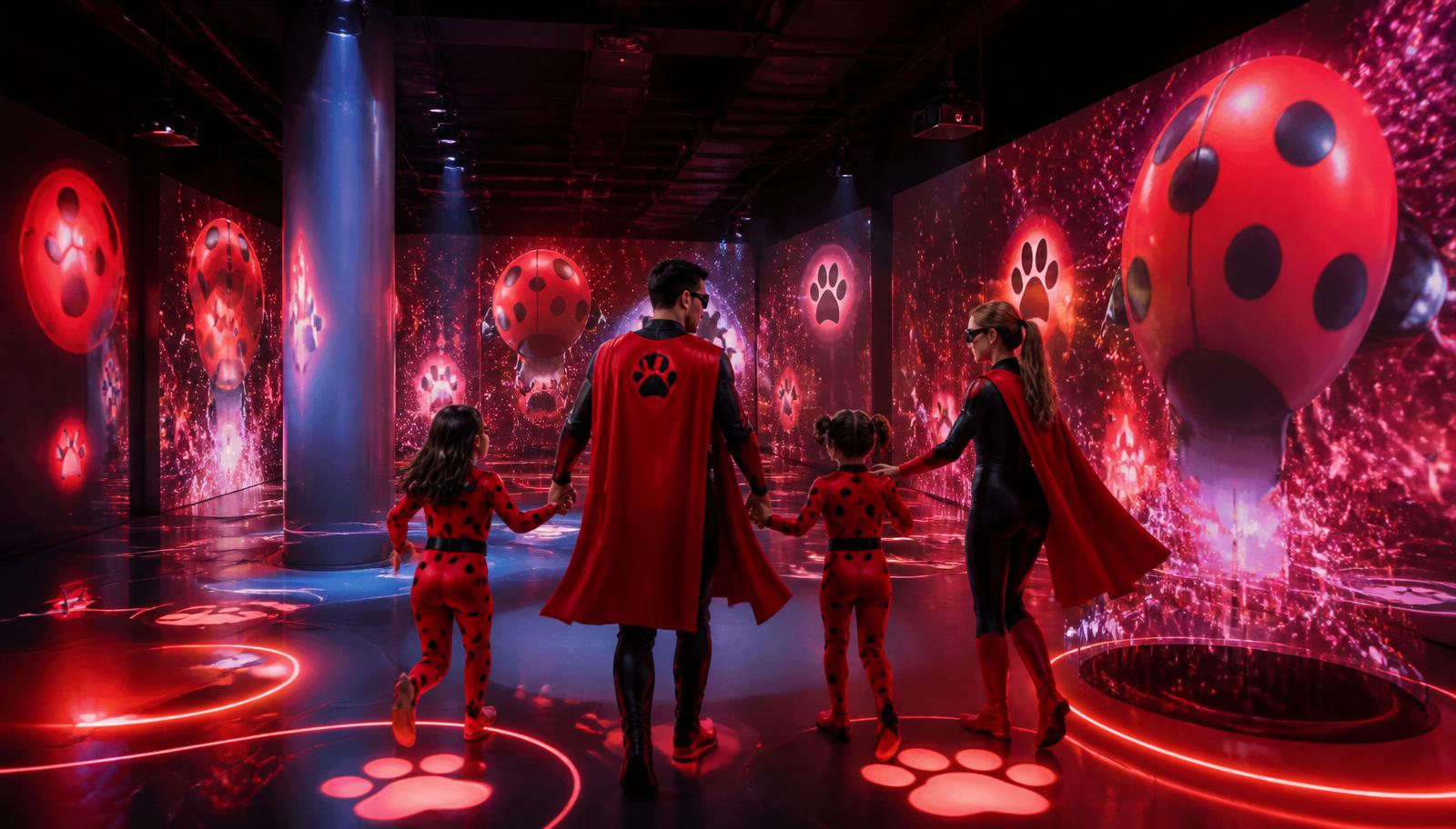 Famille en tenue de super-héros dans une salle immersive rouge et noire inspirée de Miraculous
