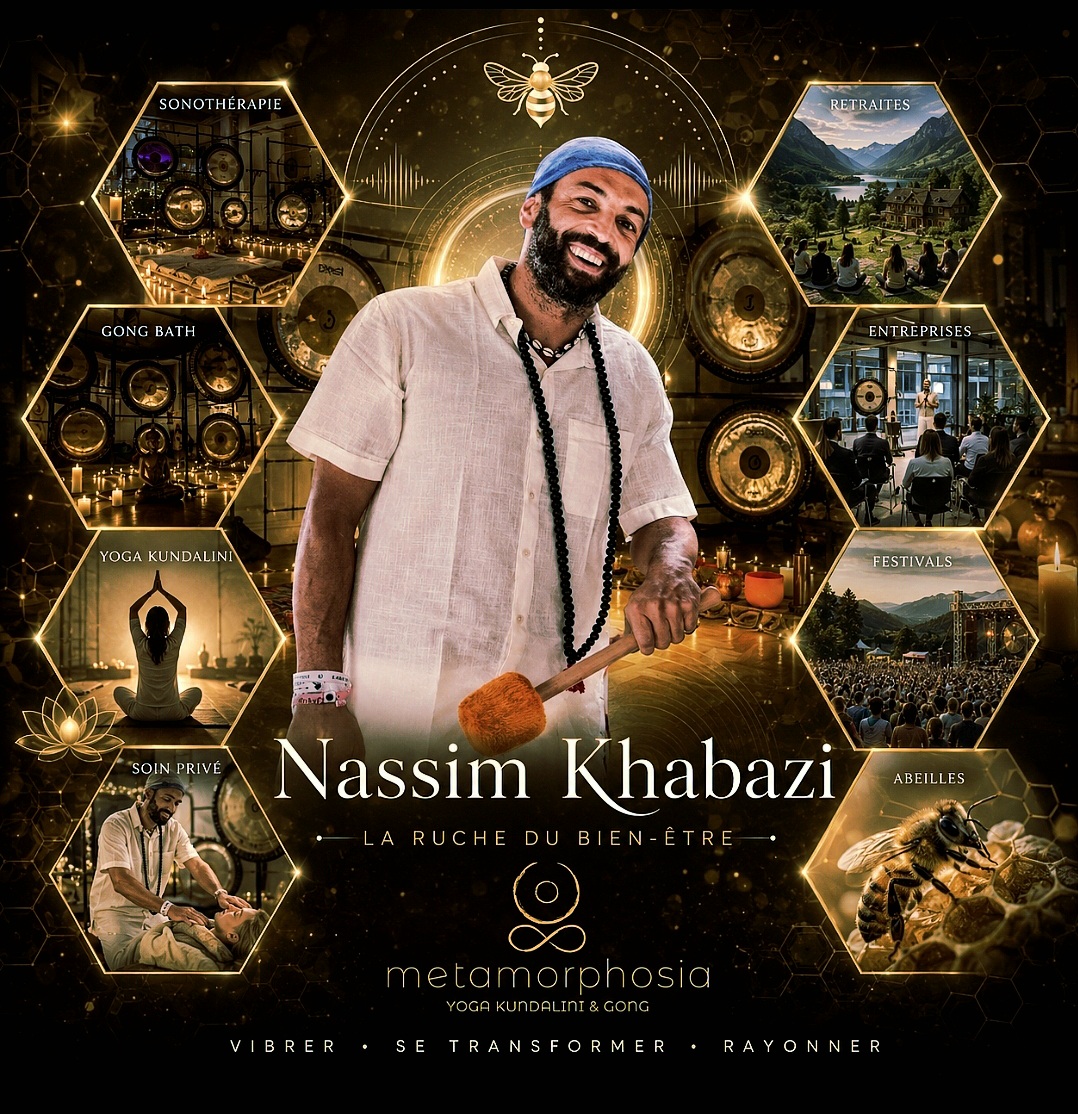 Nassim Khabazi, fondateur de Metamorphosia, portrait officiel — Ruche interactive du bien-être (Gong Bath, sonothérapie, yoga Kundalini) à Bruxelles