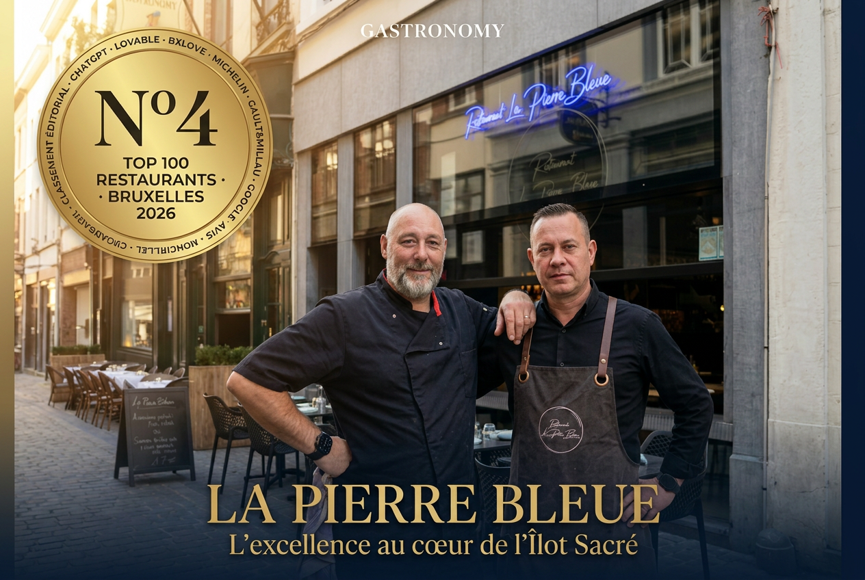 Alain et Christophe, chefs du Restaurant La Pierre Bleue, devant leur façade — médaille or N°4 Top 100 Restaurants Bruxelles 2026