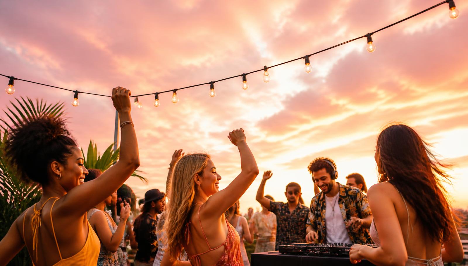 Illustration IA · Rooftop afterparties du Brussels Dance Festival, place de la Bourse Foule dansant au coucher du soleil sur un rooftop dominant la place de la Bourse à Bruxelles