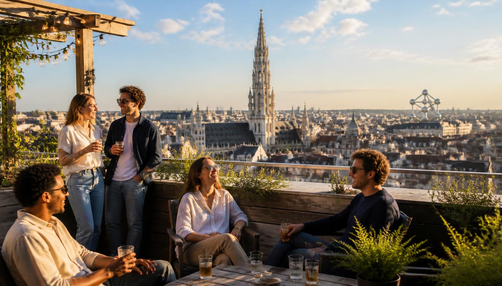Des rooftops gratuits pour voir Bruxelles d’en haut : le plan du week-end Terrasse de rooftop ensoleillée à Bruxelles avec vue sur la flèche de l’Hôtel de Ville et l’Atomium à l’heure dorée
