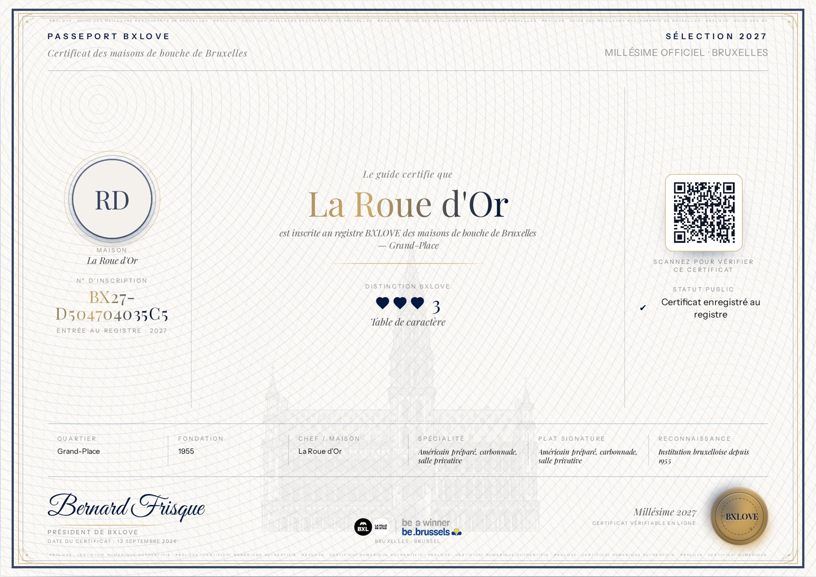 BXLOVE-paspoortcertificaat van La Roue d’Or: drie blauwe harten, Table de caractère, Selectie 2027