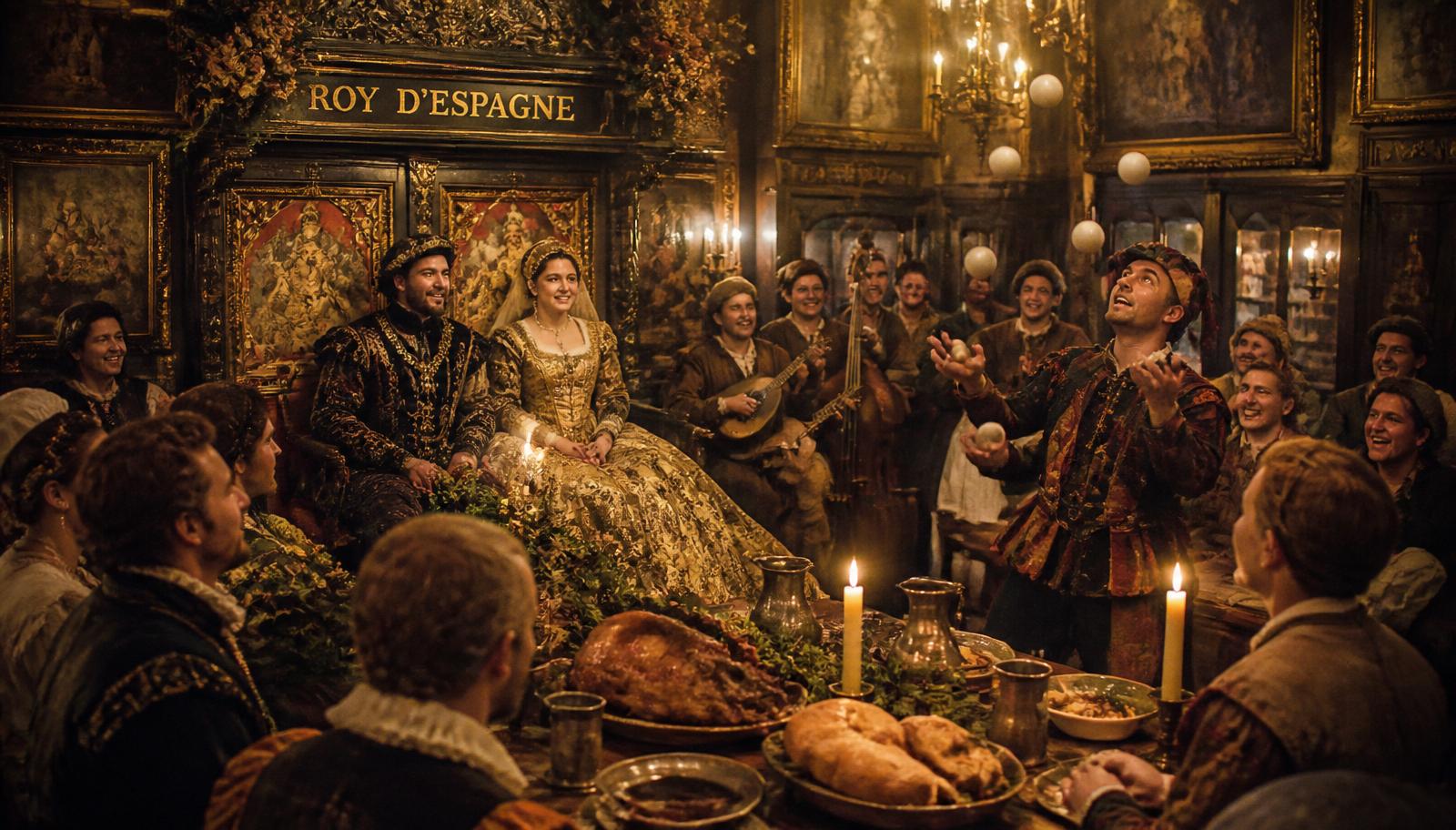Banquet médiéval au Roy d'Espagne sur la Grand-Place de Bruxelles, Charles Quint et Isabelle entourés de troubadours et jongleurs à la lumière des chandelles.