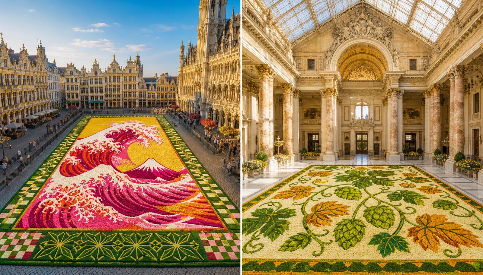 Diptyque : le tapis de fleurs Neo-Hokusai sur la Grand-Place de Bruxelles et le second tapis houblon dans le hall de la Bourse