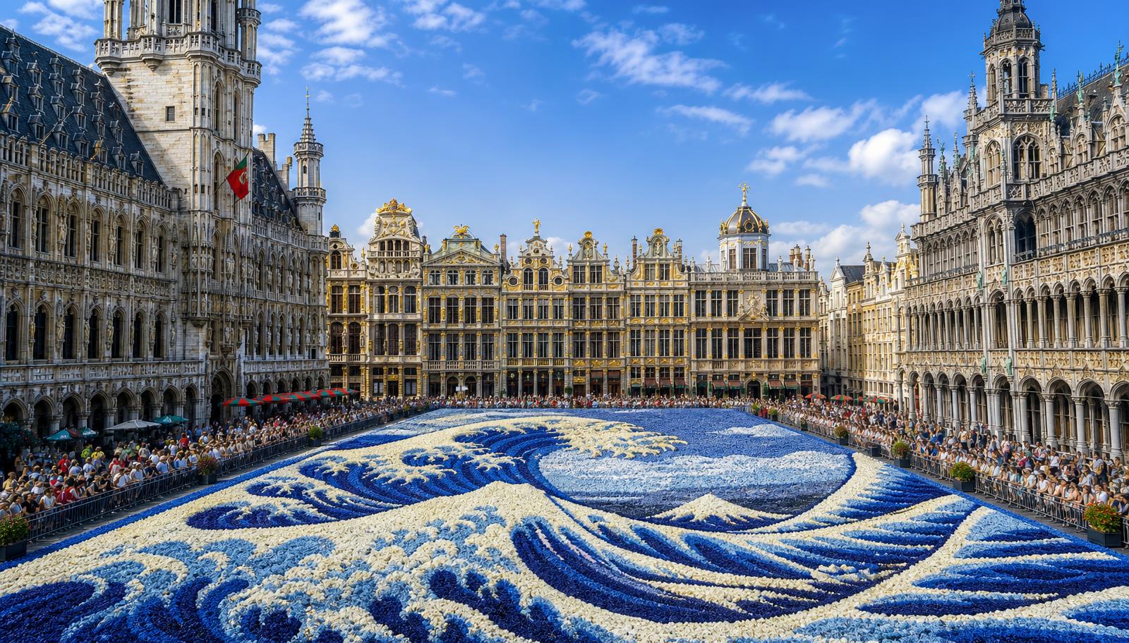 Tapis de Fleurs 2026 sur la Grand-Place de Bruxelles, vue du balcon de l'Hôtel de Ville en pleine lumière d'été