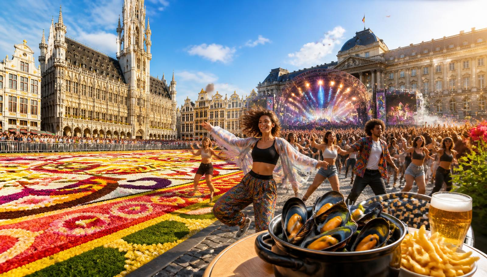 Tapis de fleurs coloré déployé sur la Grand-Place de Bruxelles sous un ciel bleu d'été