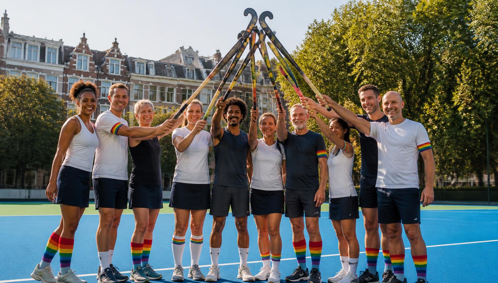 Illustration : portrait collectif dâune Ă©quipe de hockey inclusive bruxelloise, sticks croisĂ©s (scĂšne reconstituĂ©e, non documentaire). Zinneke Sticks: from six players on a tennis court to the World Cup đđ â photo in Ixelles Hockey Club, Ixelles, Brussels â BXLOVE